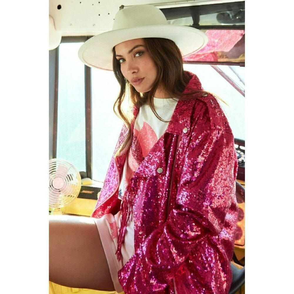 Make Way for Sequin Moto Jacket in Fuchsia - Picture 4 of 11